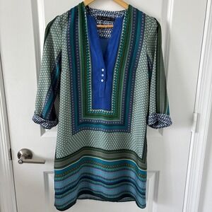 Zara | Moroccan Multicolored Patterned Tunic printed 3/4 Sleeve Mini Dress